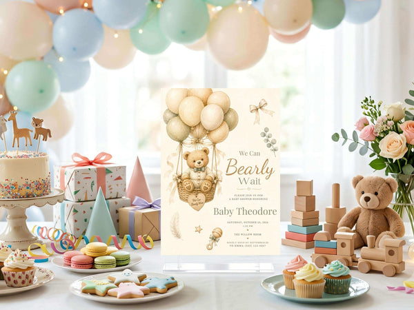 Vintage teddy bear baby shower invitation template product preview image, page 4, featuring the neutral watercolor teddy bear baby shower theme and portrait invitation design.