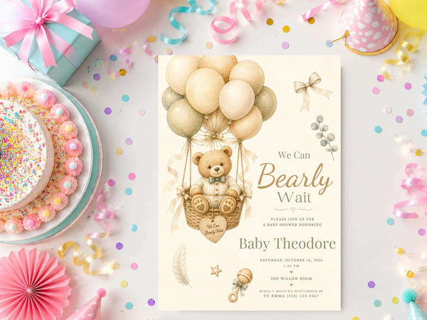Vintage teddy bear baby shower invitation template product preview image, page 6, featuring the neutral watercolor teddy bear baby shower theme and portrait invitation design.