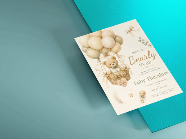 Vintage teddy bear baby shower invitation template product preview image, page 7, featuring the neutral watercolor teddy bear baby shower theme and portrait invitation design.