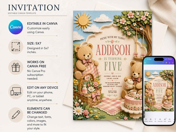 Teddy Bear Picnic Birthday Invitation Template