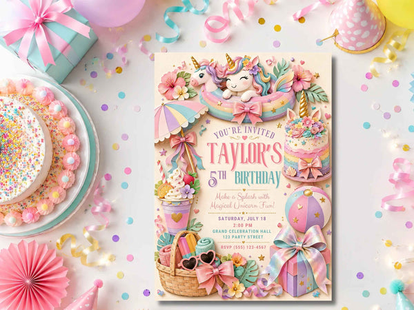 Unicorn Pool Party Birthday Invitation Template