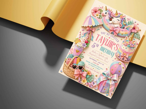 Unicorn Pool Party Birthday Invitation Template
