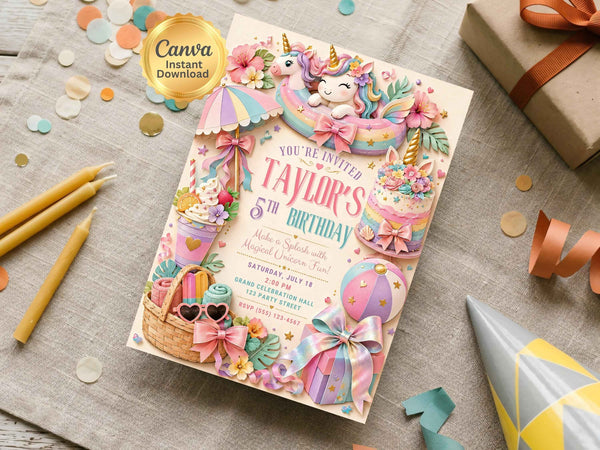 Unicorn Pool Party Birthday Invitation Template