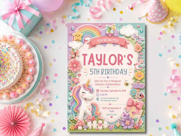 Unicorn Rainbow Birthday Invitation Template