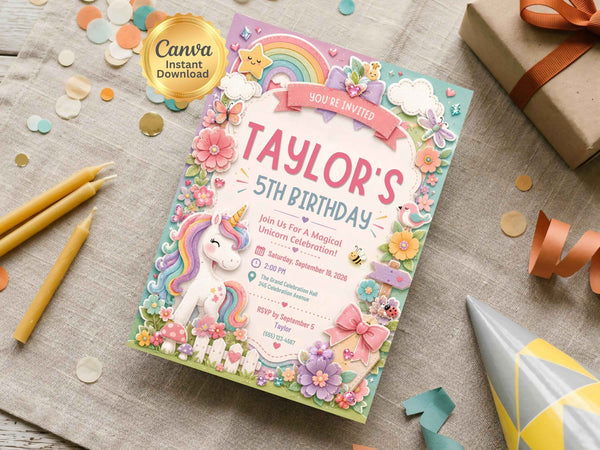 Unicorn Rainbow Birthday Invitation Template