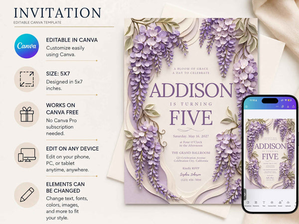 Wisteria Floral Birthday Invitation Template