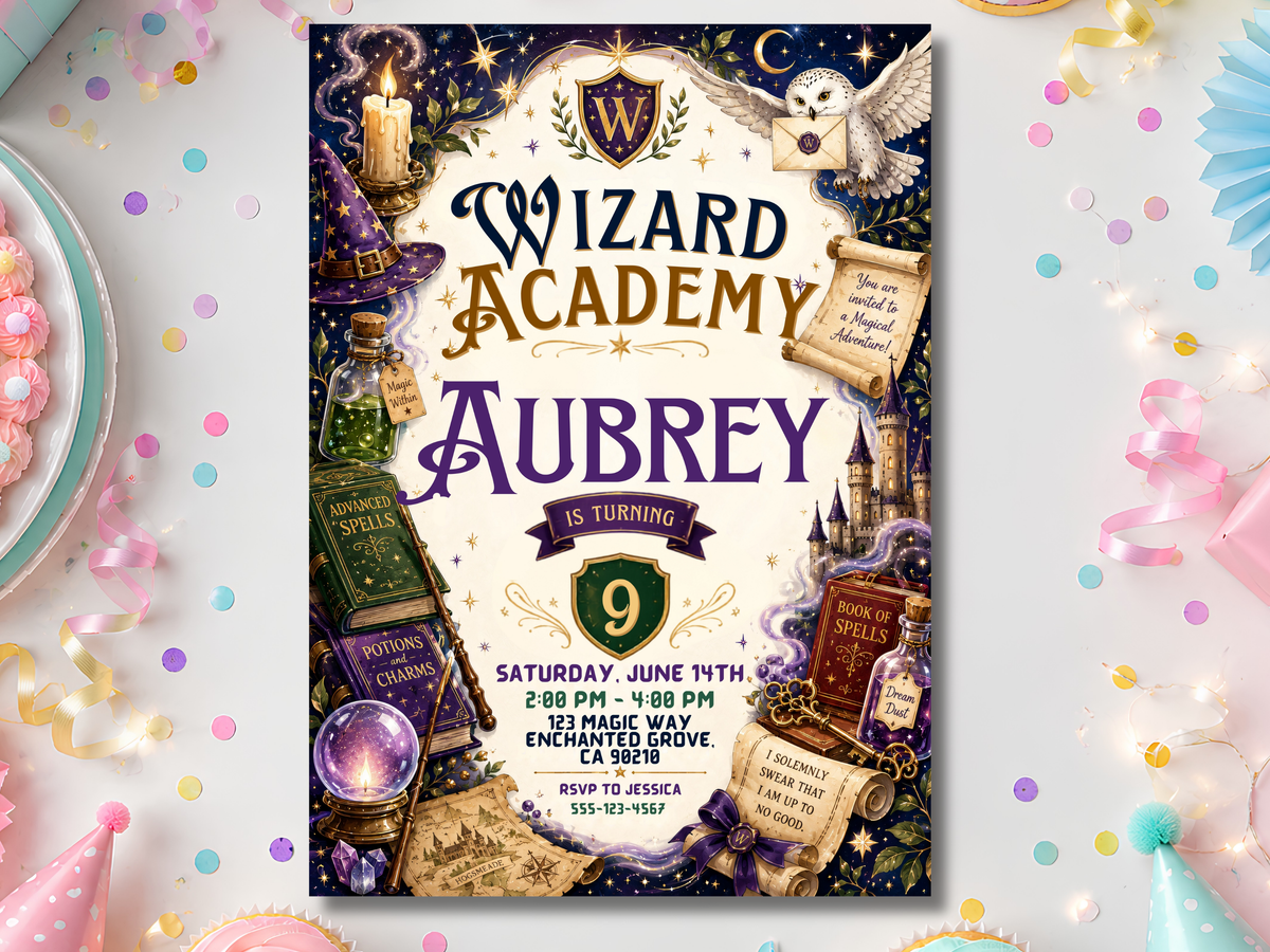 Wizard Academy birthday invitation template in portrait format, showing an ornate magical school design with an owl messenger, wizard hat, spell books, potion bottles, castle towers, stars, crescent moon, crest and parchment details in navy, purple, gold and emerald.