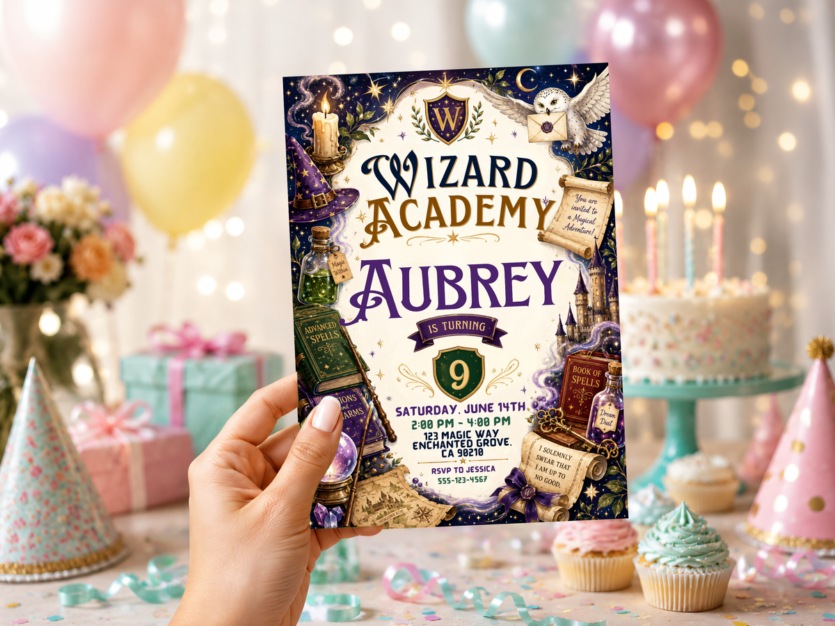 Wizard Academy birthday invitation artwork featuring an owl carrying a letter above a richly illustrated magic school scene, with a wizard hat, stars, crescent moon, castle towers, spell books, potions and parchment accents in a vintage storybook style.