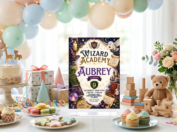 Wizard Academy magical birthday invite showing ornate fantasy typography, an owl messenger, wizarding crest, potion bottles, spell books, scrolls, castle imagery and celestial accents arranged on an antique parchment-inspired background.