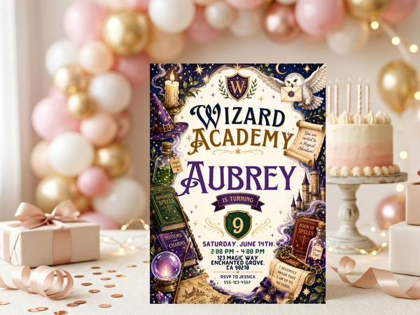 Wizard Academy birthday invitation template with richly illustrated wizard school motifs including a magical owl, hat, spell books, potions, crystal ball, candle, castle towers, crescent moon and stars in a dark storybook palette.