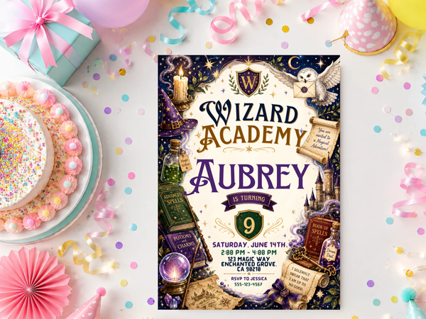 Wizard Academy fantasy birthday invitation featuring parchment textures, decorative borders, enchanted castle towers, spell books, potion bottles, an owl messenger, celestial stars and a central editable party-information area.