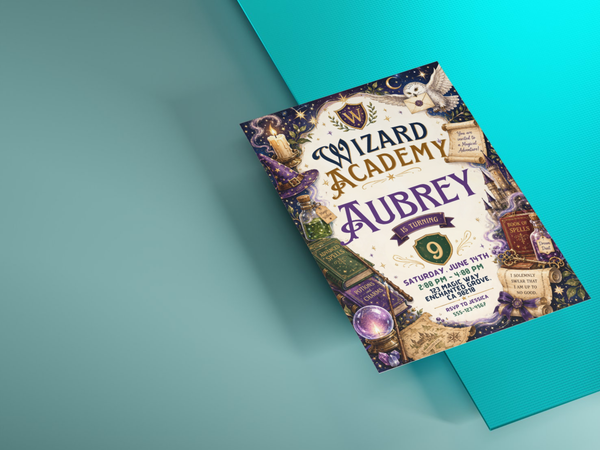 Wizard Academy kids party invitation design with magical school imagery, owl and letter, wizard hat, crest, spell books, potions, crystal ball and castle details, illustrated in a detailed vintage fantasy style.