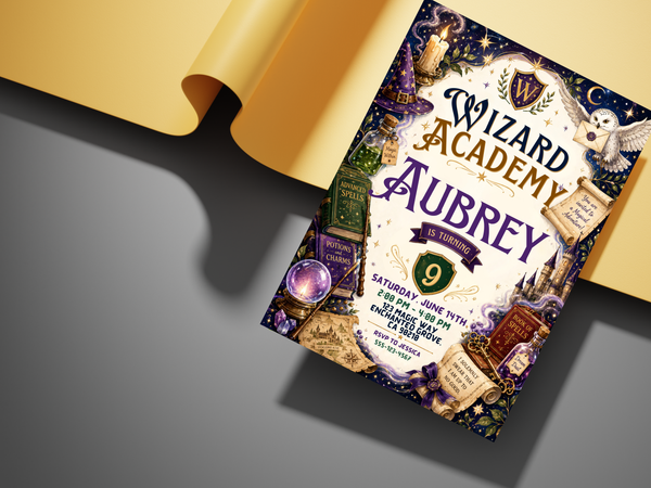 Wizard Academy birthday invitation artwork with navy and royal purple tones, gold accents and emerald details, surrounded by spell books, potion bottles, owl messenger, castle towers, scrolls, stars and a crescent moon.