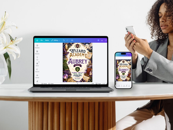 Wizard Academy magical school birthday template featuring ornate fantasy lettering and illustrated props including a wizard hat, owl, potion bottles, spell books, crystal ball, candle, castle towers and parchment scrolls.